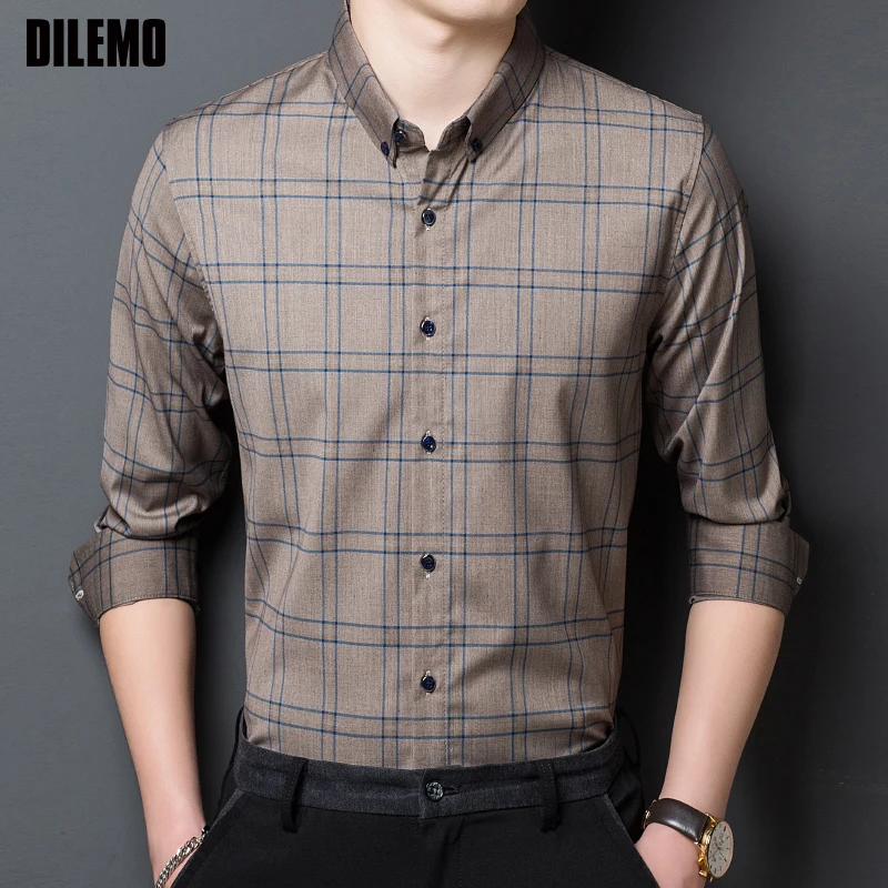 

2021 High End New Fashion Designer Brand Slim Fit Plain Mens Classic Plaid Shirts Long Sleeve Checkered Casual Mens Clothes