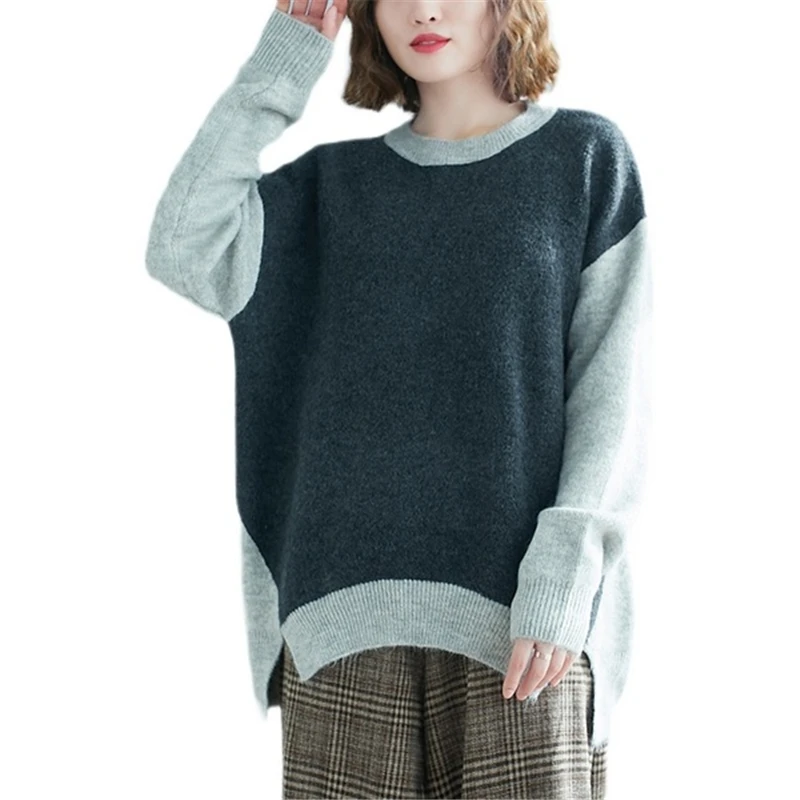 

BIG SIZE Autumn Women Fashion Elegant Color Block Knit Tops Female Ladies Plus Large Long Sleeve Loose Split Irregular Sweater