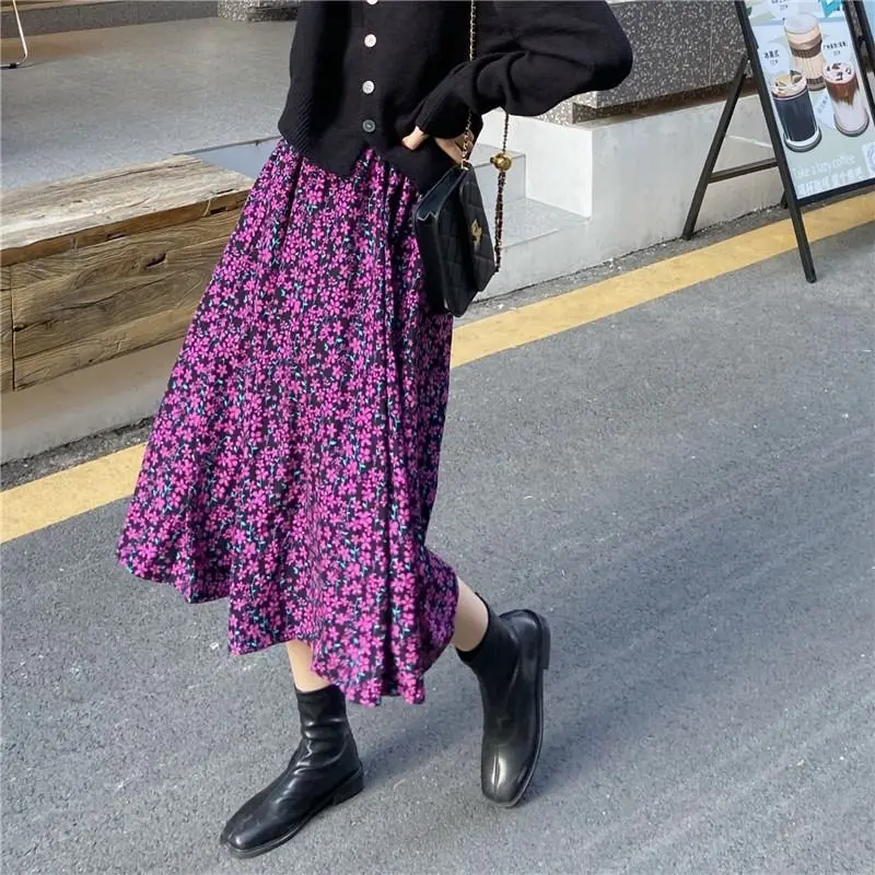 

Female 2021 Fashion Women Spring Summer Korean Elastic High Waist Print Purple Skirt Wild Floral Long Skirts Femme Mujer Y757