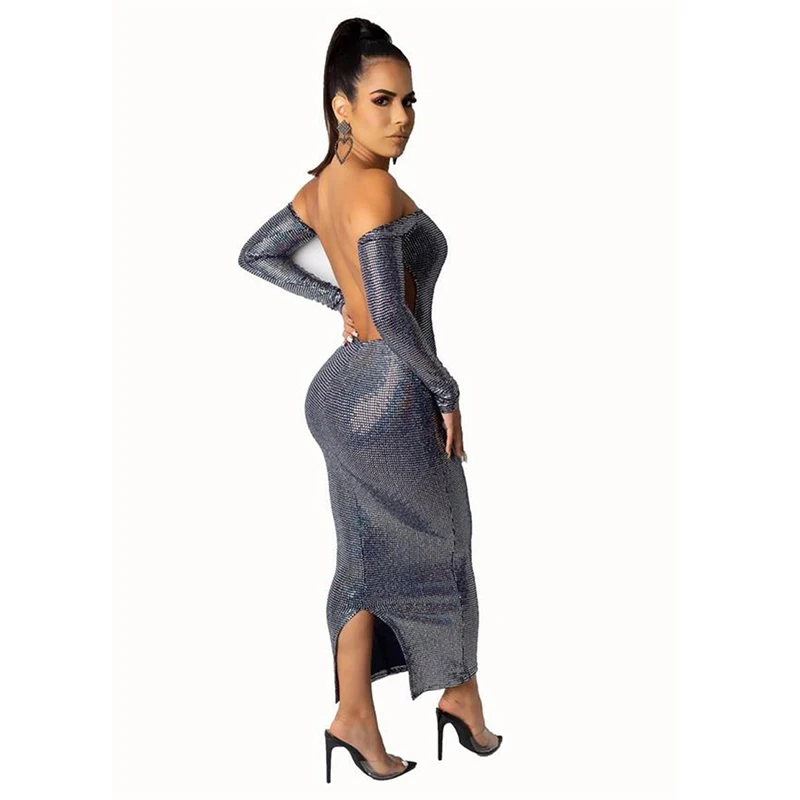 

Sexy Off Shoulder Backless Dress Women Maxi Long Party Club Bodycon Dresses Ladies Shiny Robe Long Sleeve Autumn Winter Vestidos