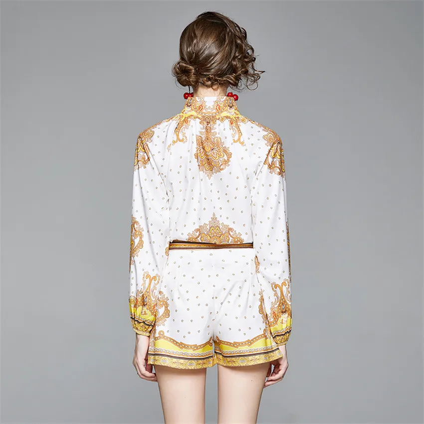 

Spring Autumn 2 Piece Set Women Shorts And Top Lantern Sleeve Vintage Blouse Shirt + Shorts Runway Designer Two Piece Set Suit