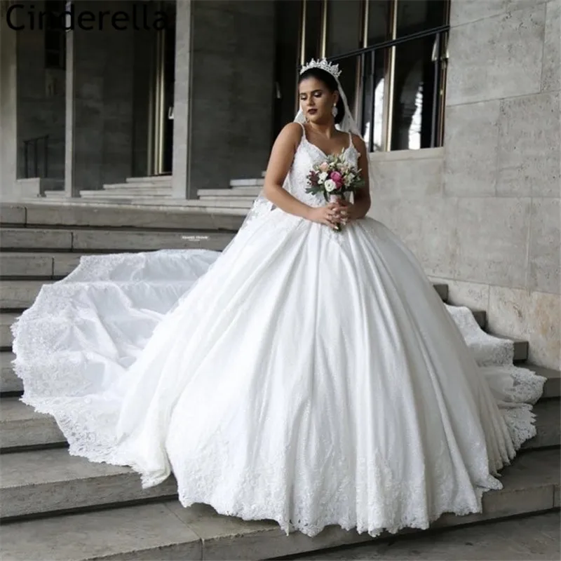 

Wedding Dresses Luxury V-Neck Spaghetti Straps High Quality Satin Lace Wedding Dresses With Lace Up Back vestido de noiva