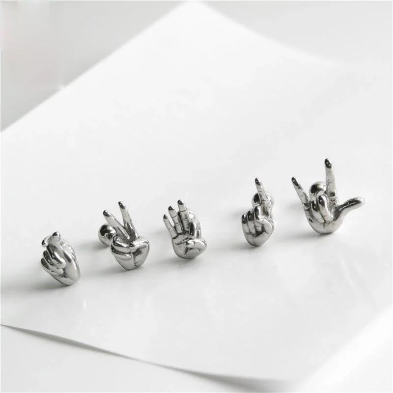 

Men Women's Unisex Silver Color Simple Gesture Earrings Bi Xin Despises Earrings Cool Personality Titanium Steel Earrings