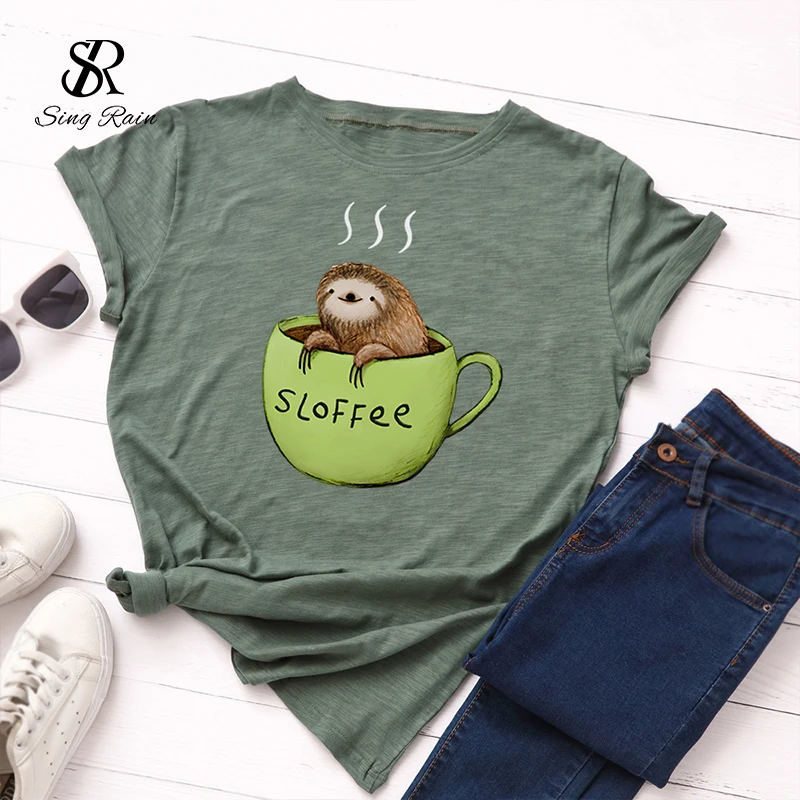S 5XL Милая женская футболка с рисунком ленивых 100% хлопок забавная чашкой круглым