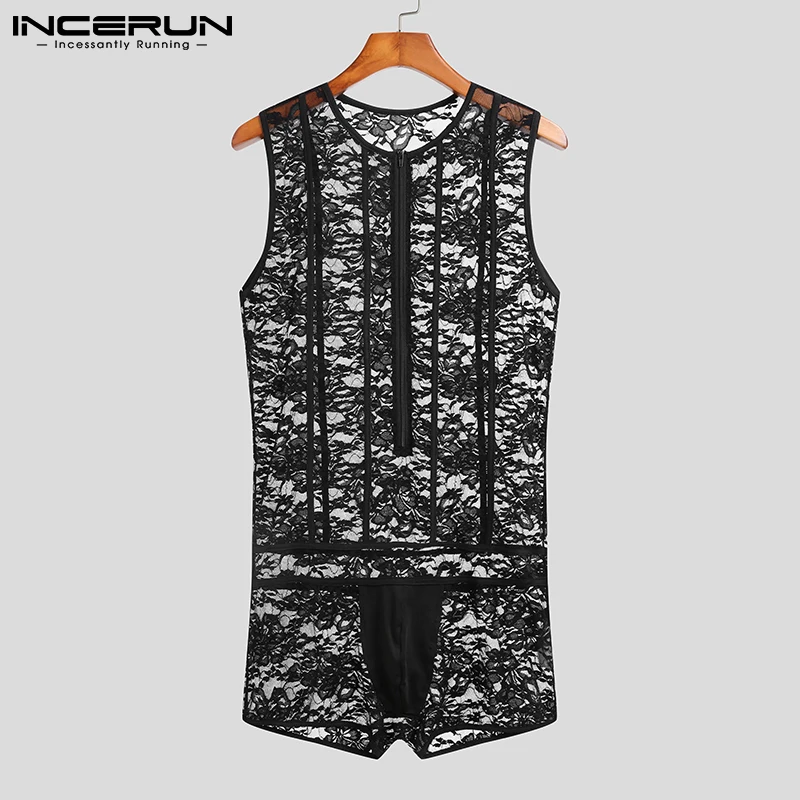 

Пижамный комбинезон INCERUN мужской, кружевной прозрачный Ромпер на молнии, дышащая Домашняя одежда без рукавов, пикантный мужской комбинезон ...