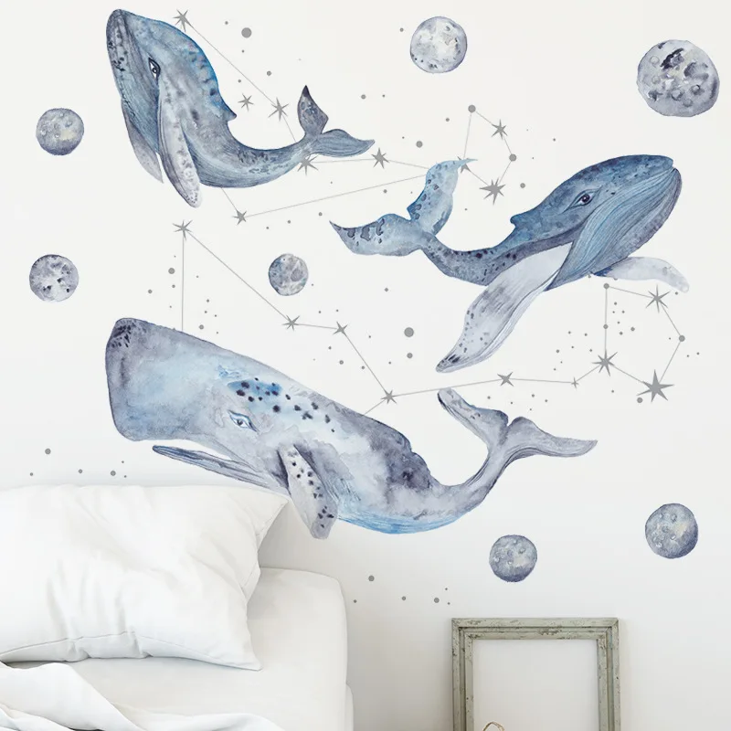 

Hand drawn starry blue whale wall stickers kids room bedroom decoration mural home decor creative living room stickers wallpaper