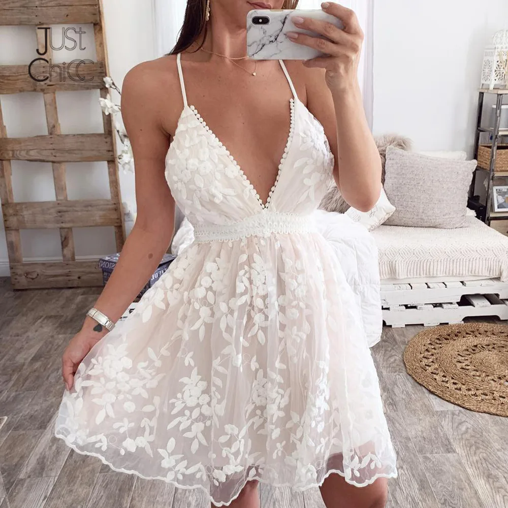 

Women Mesh Tulle Mini White Lace Dress Women Hollow Out Sleeveless V Neck Sexy Bodycon Dress Floral Dresses Vestidos Summer