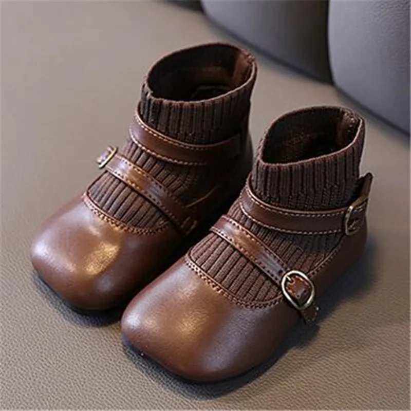 

Children's boots girls leather shoes autumn/winter 2020 new girls knitted stitching ankle boots boys fashion Cowhide Martin boot