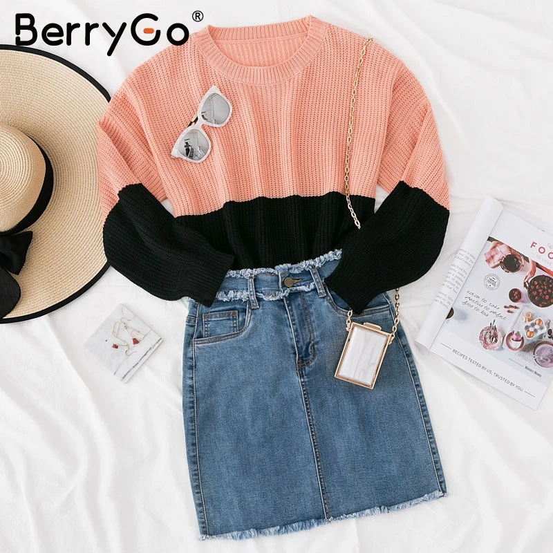 BerryGo Повседневный вязаный женский пуловер свитер лоскутное сплошной с длинным