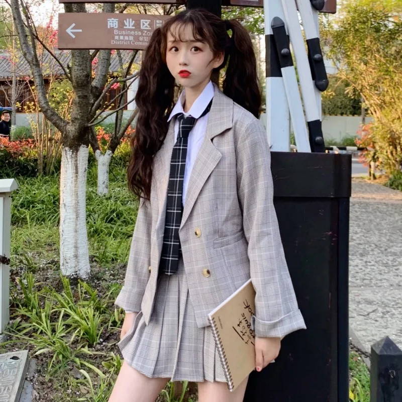 Suit Female Autumn New Korean Version of the Western Style Students Shirt Loose Plaid Coat JK Small Pleated school skirt | Тематическая