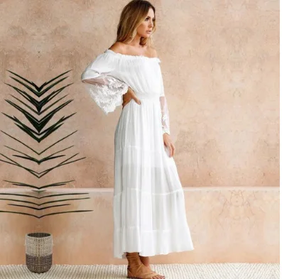 

WOMEN'S Dress Long Holiday-Hot Selling Lace Sleeve-Bark Splicing Dress Beach Skirt