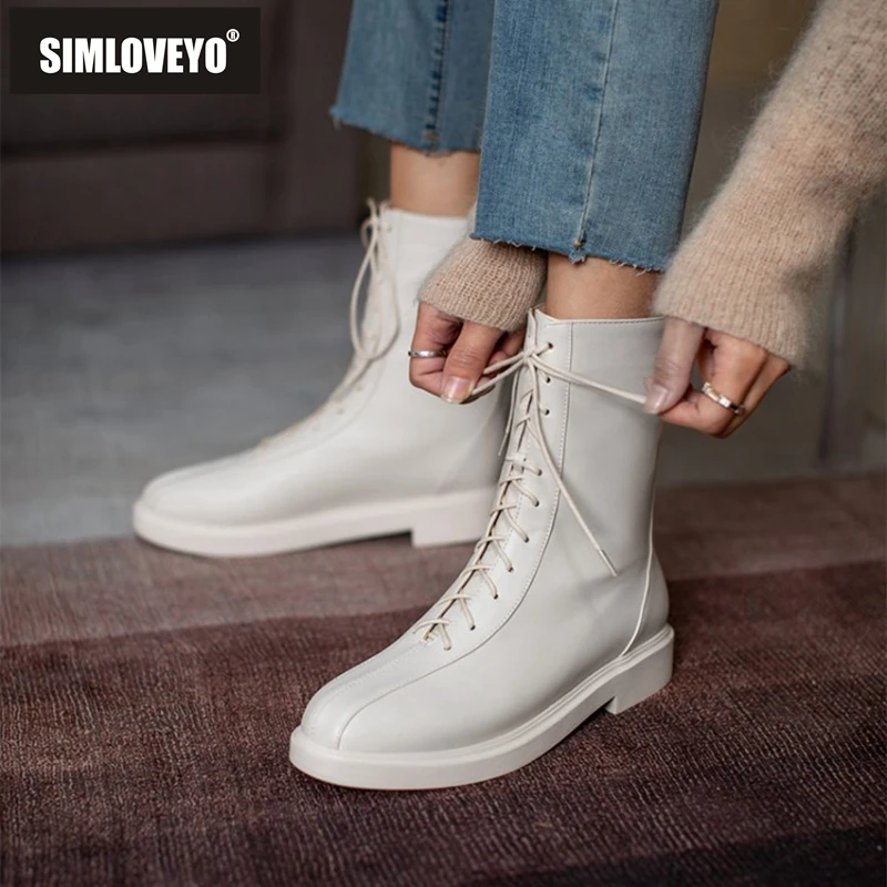 

SIMLOVEYO женские ботильоны простые с круглым носком 3,5 см квадратный каблук плоская шнуровка на молнии массивный мотоцикл большой размер 43 зим...