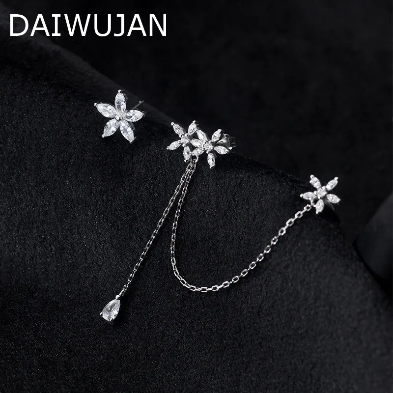 

Асимметричные Серьги-клипсы DAIWUJAN 100% из стерлингового серебра 925 пробы с цирконом и цветком, женские серьги-каффы без проколотых кристаллов