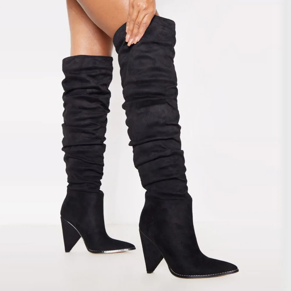 black kid suede SARAIRIS/Размеры 35-43, высокие сапоги до бедра на высоком каблуке Женская обувь из лакированной искусственной кожи пикантные женские вечерние ботфорты с острым носком - Цвет: black kid suede