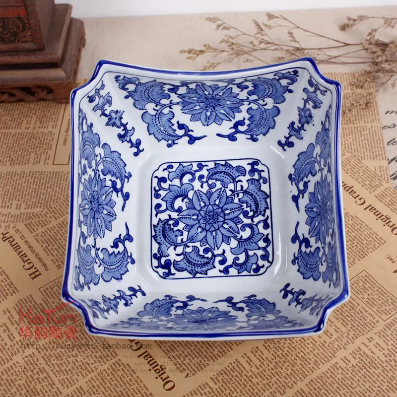 Керамическая тарелка для фруктов домашняя мебель большая сине-белая фарфоровая