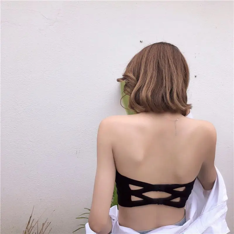 

67JF Womens Ice Silk Seamless Solid Color Tube Tops Strapless Removable Padded Bandeau Hollow Out Cross Back Hook Eye Wrapped