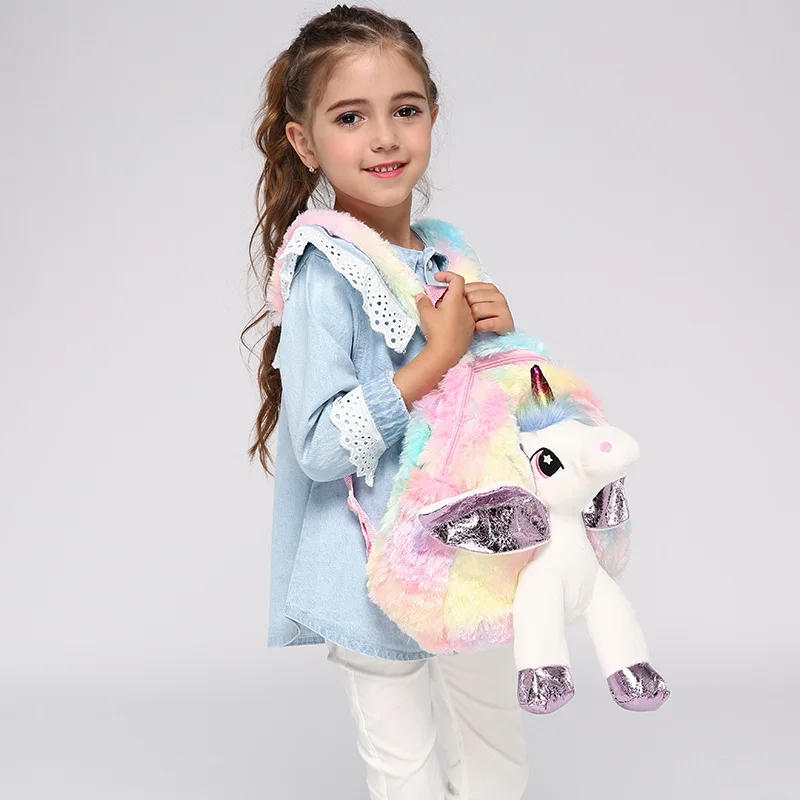 

Baby Girl Unicorn Fur Backpack Cute Children Zipper Schoolbag Mini Kid Toy Doll Backpack For Kidergarten New Girl Plush Doll Bag