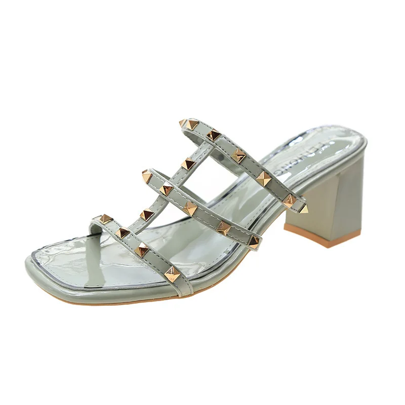 

Shoes Low Ladies' Slippers Square heel Rivet Luxury Slides Slipers Women Heeled Mules Block Designer 2021 High Rome PU Basic Fab
