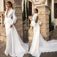 sodigne vintage simple satin wedding dresses sexy v neck long sleeve bridal dress plus size women wedding party gowns