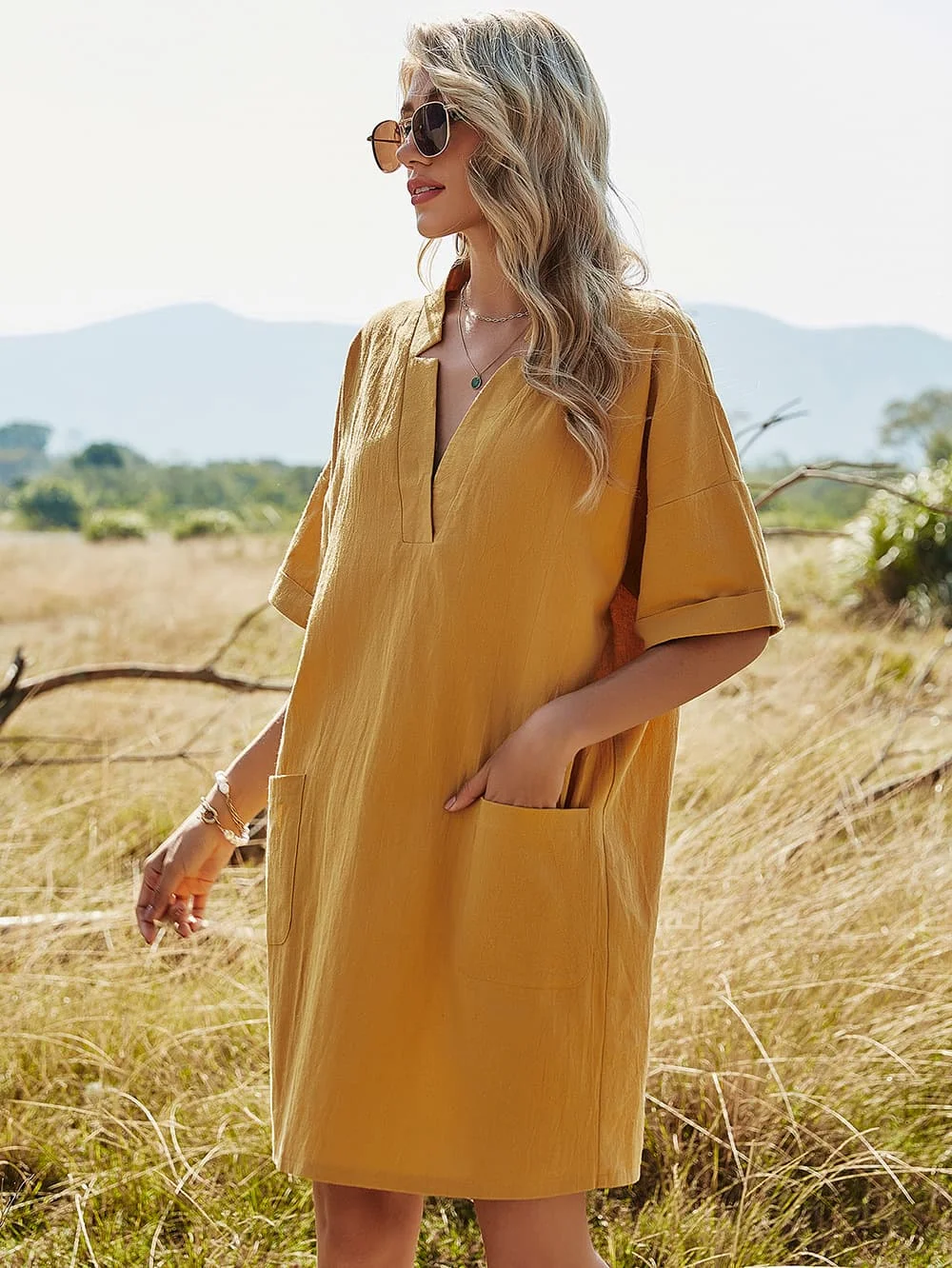 

Dresses Women Casual Pockets V-Neck Short Sleeve Mini Dress A-Line Lose Pullover Solid Color Cotton Summer Holiday Style Beach
