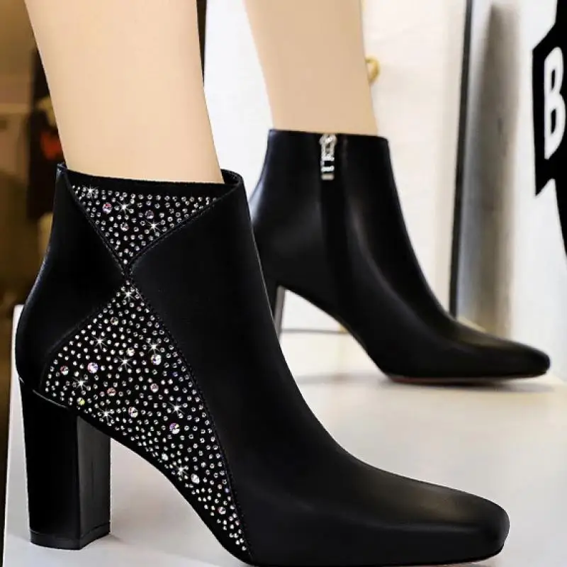 

Women Autumn Winter Booties Women Rhinestone Decoration Zipper Female Pumps 2021 Black Mature Female Casual Ladies Ankle Boots