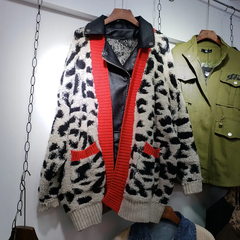 Bella philosophy 2020 autumn Winter Fashion Women Leopard Knitted sweater lady casual Leather Jacket Female Loose Cardigan Coat |