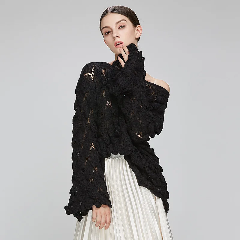 winter loose sweaters fashion 2018 women plus size hollow out slash neck sweater long sleeve oversize casual | Женская одежда