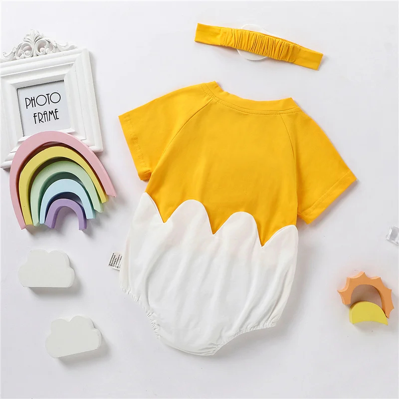

Blotona Cute BabyEgg Pattern Jumpsuit, Patchwork O-neck Short Sleeve Button Romper and Hairband 2Pcs Summer Outfis