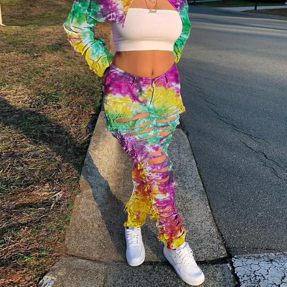 

ANJAMANOR Tie Dye Printed Denim Two Piece Set Women Long Sleeve Cropped Jacket and Pants Suit Ripped Jeans Streetwear D43-AAE75