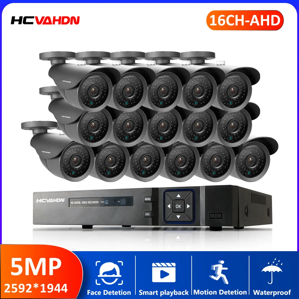 

CCTV Security System H.265 16CH HDMI 5mp DVR System x8 x16pcs IP66 Indoor Outdoor Camera 16CH DVR Video Surveillance Set