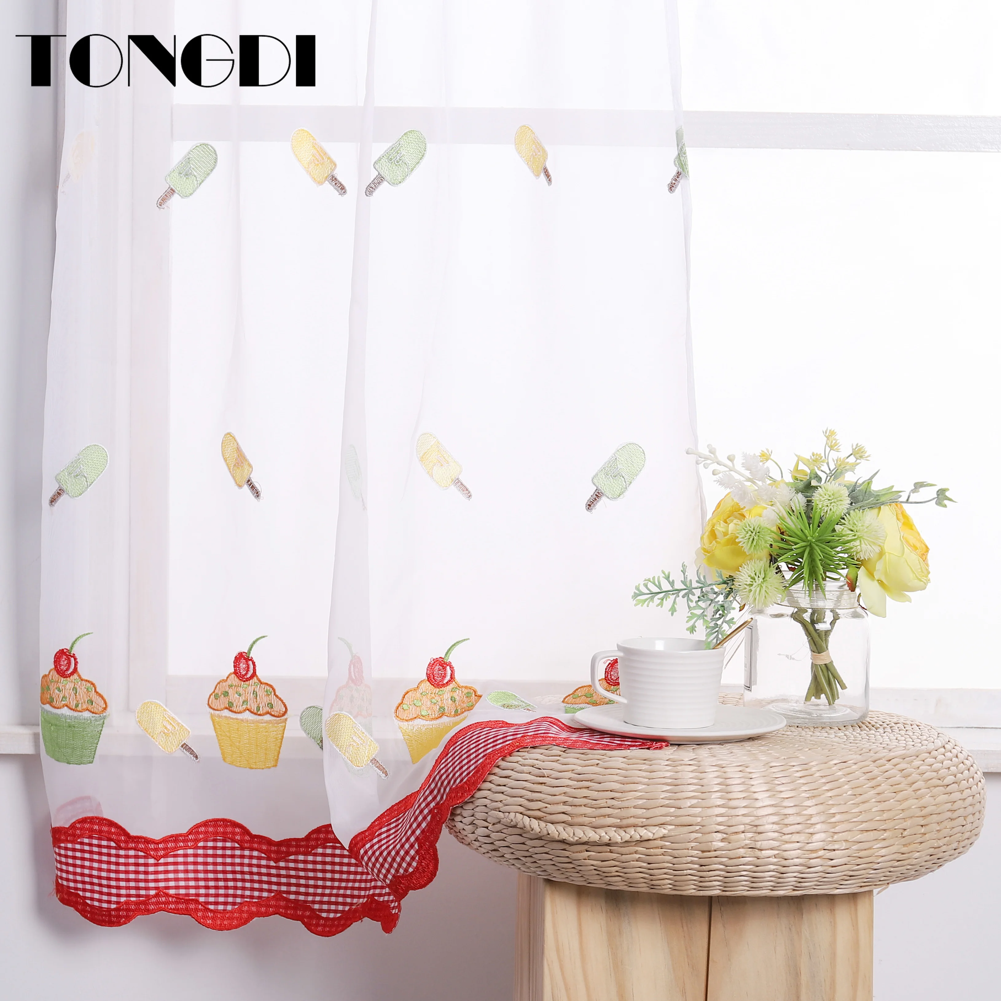 

TONGDI Home Kitchen Curtains Cartoon Cream Cake Pastoral Embroidery White Tulle Valance Decoration For Window Kitchen DiningRoom