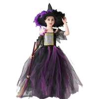 girls halloween witch cosplay costumes with hat children carnival party dark devil theme cobweb sleeve long dress for kids frock