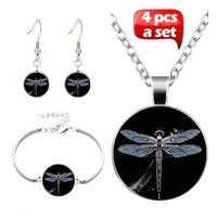4pcsset new fashion handmade glass witchcraft black dragonfly pendant choker necklace bracelet earrings for women jewelry