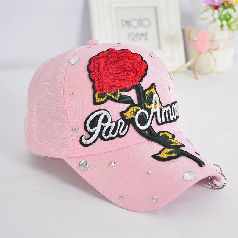 Glitter Ponytail Baseball Cap Women Hat Summer Hat Female Adjustable Hip Hop Hats 3D Rose Flowers Embroidery Sequins Decor