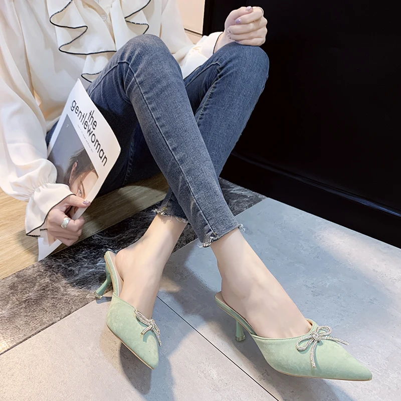 Туфли без задника на высоком каблуке с кристаллами и бантом Женские шлепанцы из