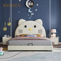 lovely cat childrens baby leather bed with solid wood frame cartoon childrens bedroom furniture technology cloth single bed