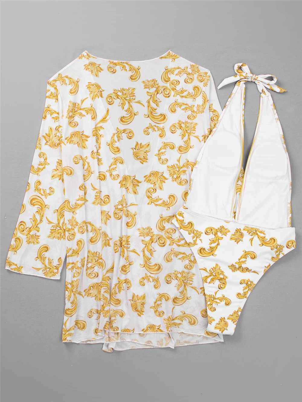 Женский купальный костюм с глубоким вырезом и v-образным белый желтый принтом