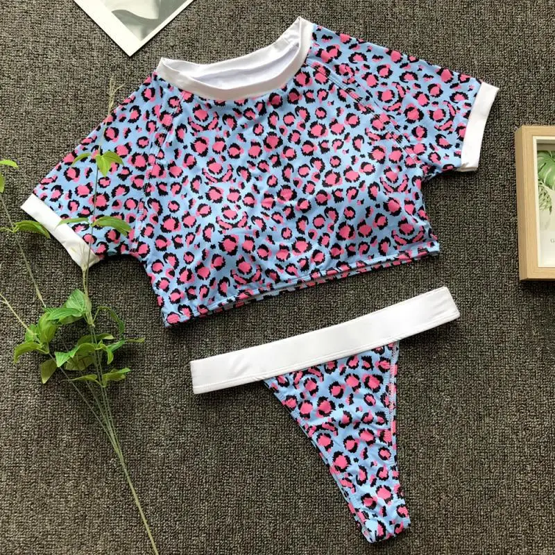 Футболка стринги комплект бикини Леопардовый купальник женский пляжный