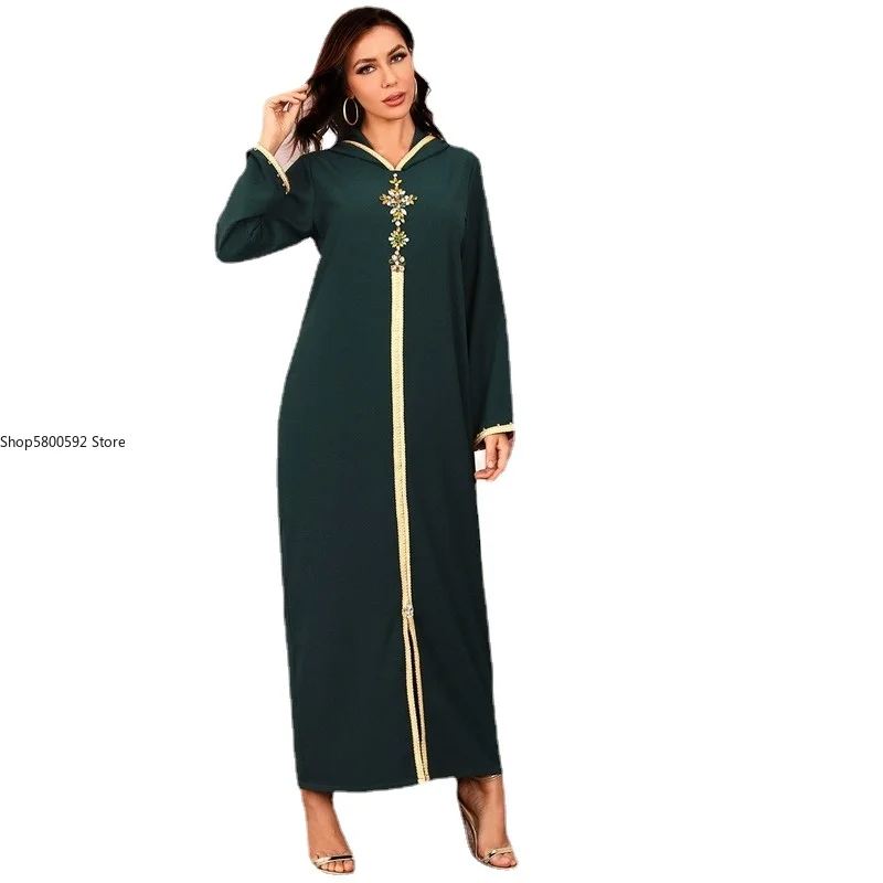 Дубай Абая Djellaba кафтан для женщин со стразами отделка тесьмой с длинным рукавом