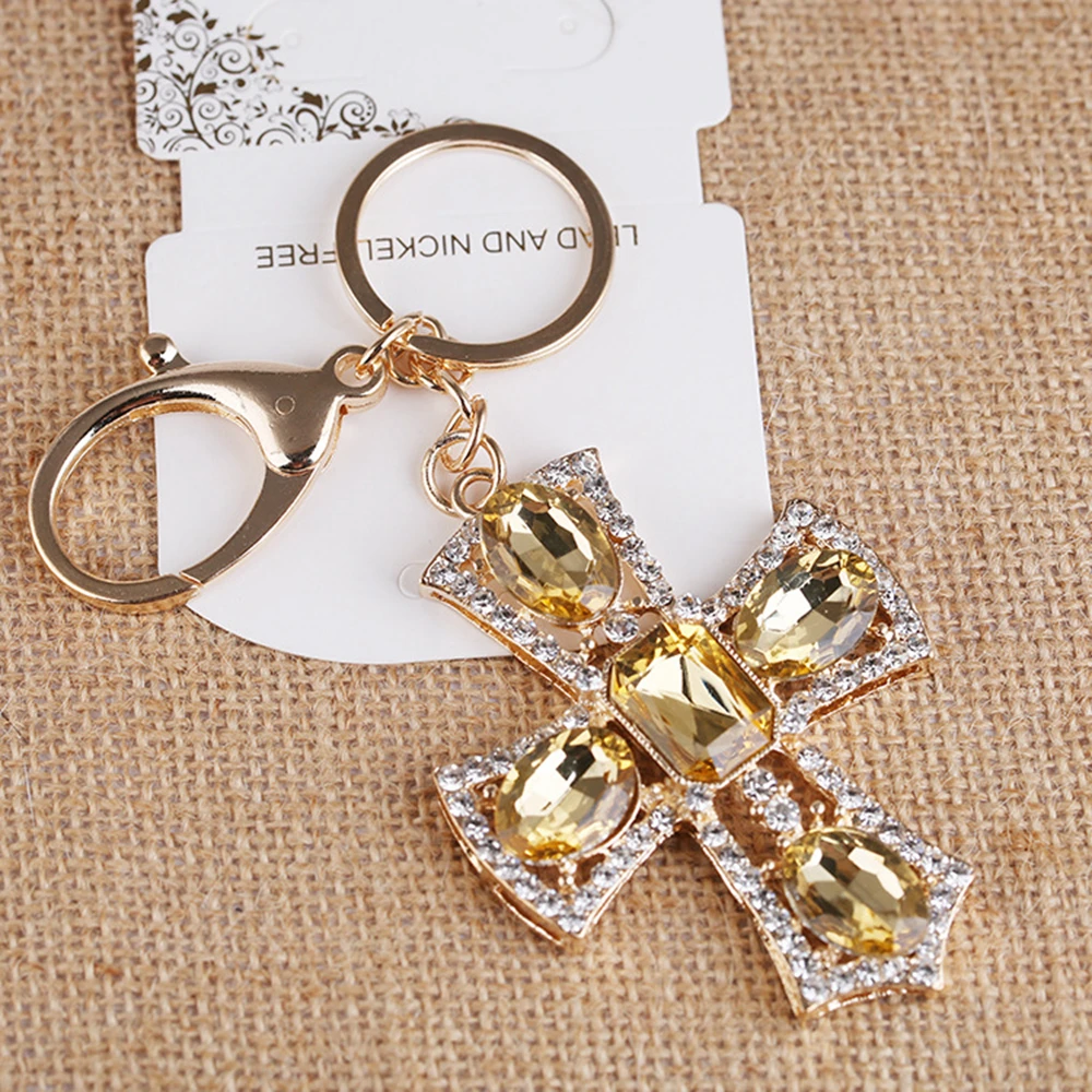 

Rhinestone Cross Pendant Keychain Religion Egyptian Ankh Crucifix Keyring Symbol of Life Iced Out Crystal Gold Chain Jewelry