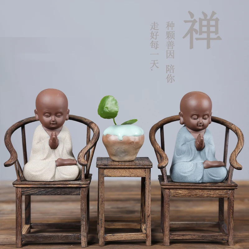 

OFFICE STORE COMPANY HOME DESK BOOKSHELF BEST ART STATUE- CHAN DAO MONK CERAMICS PORCELAIN ART STATUE WITH MINI WOODEN ARMCHAIR