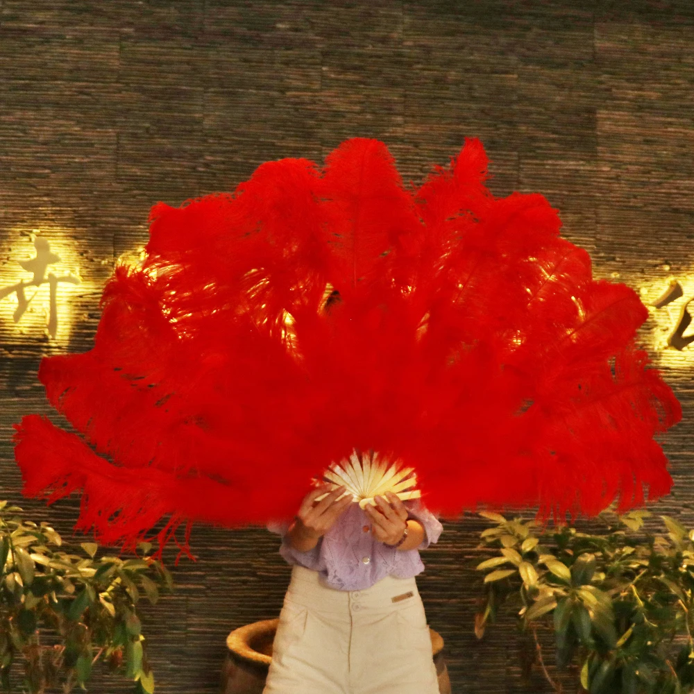 

Big Red Natural Feather 13 Bone Real Ostrich Feather Carnival Dance party Stage Decoration Fan size 75cm High quality wholesale