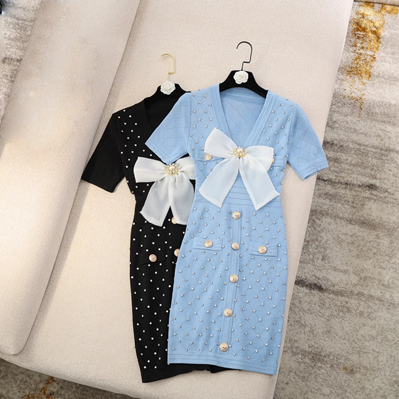 

EXCELLENT QUALITY Newest 2021 Summer V-Neck Short Sleeve Single Breasted Bow Knit Dress