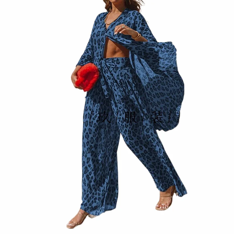 

2021 summer new leopard print shirt wide leg pants loose fried street fashion suit