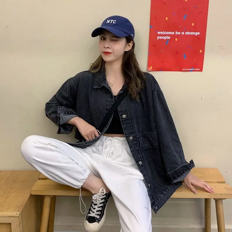 

Women's Denim Jacket 2020 Korean Style Solid Lapel Long Sleeve Casual Blue Jacket Outwear Autumn Winter Loose Jeans Coats Female
