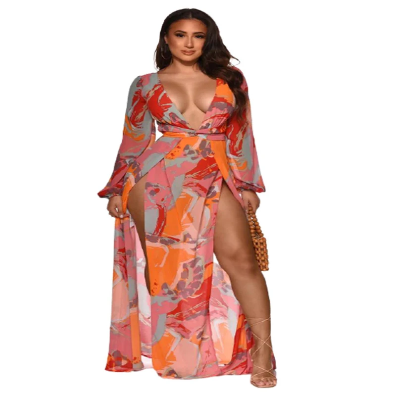 

New Fashion Long Sleeve Printed Women's Dress Casual Deep-V Personality Split Dress For Women