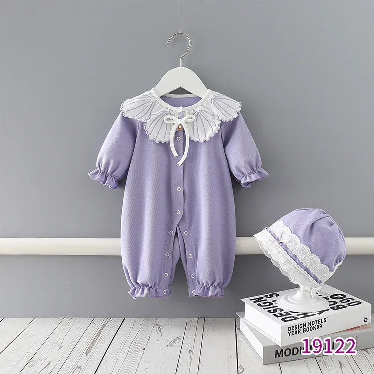 

2021 Infant Spring and Autumn Jumpsuit Girls Lapel Long Sleeve Solid Color Romper Newborn Girl Clothes 0 To 36 Months