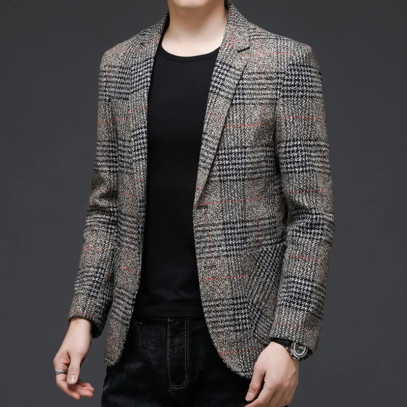 

Slim Fashion Classic Top Style Grade Brand Casual Fit New Men Suits 2021 Tweed Jacket Business Plaid Blazer Coats Mens Clothes