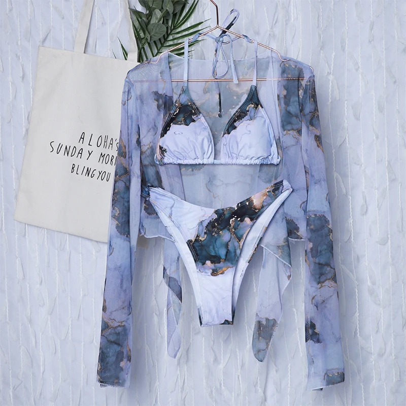 

In-X Tie-dye print 3 piece swimsuit female Sexy mesh bikini 2021 Long sleeve swimwear women Knot biquini Beach wear bathing suit