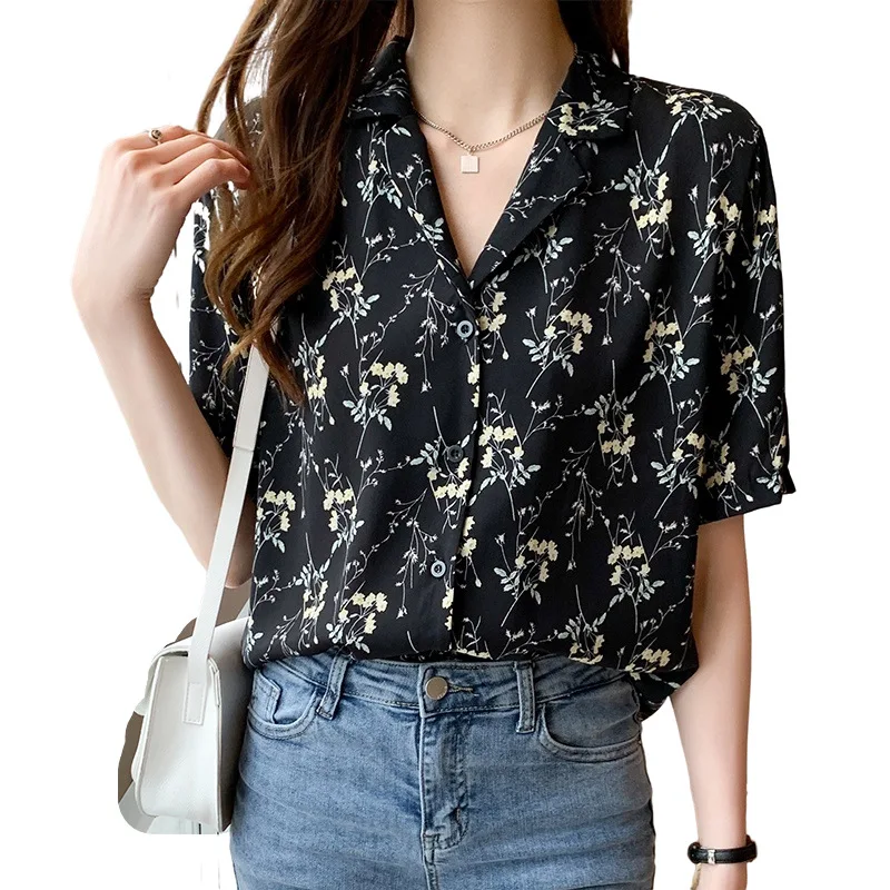 

2021 summer new Korean easy print suit collar short sleeve fashionable Floral Shirt Blouse summer